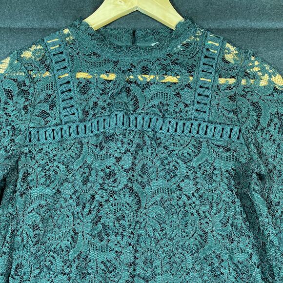 LOFT Womens Blouse Green Floral Lace Bell Sleeve Crochet Sheer Stretch XS - Picture 2 of 16
